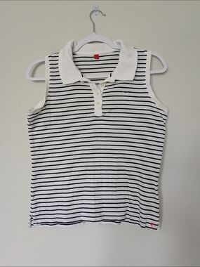 Esprit Striped Sleeveless Polo Top in White and Black Sz S